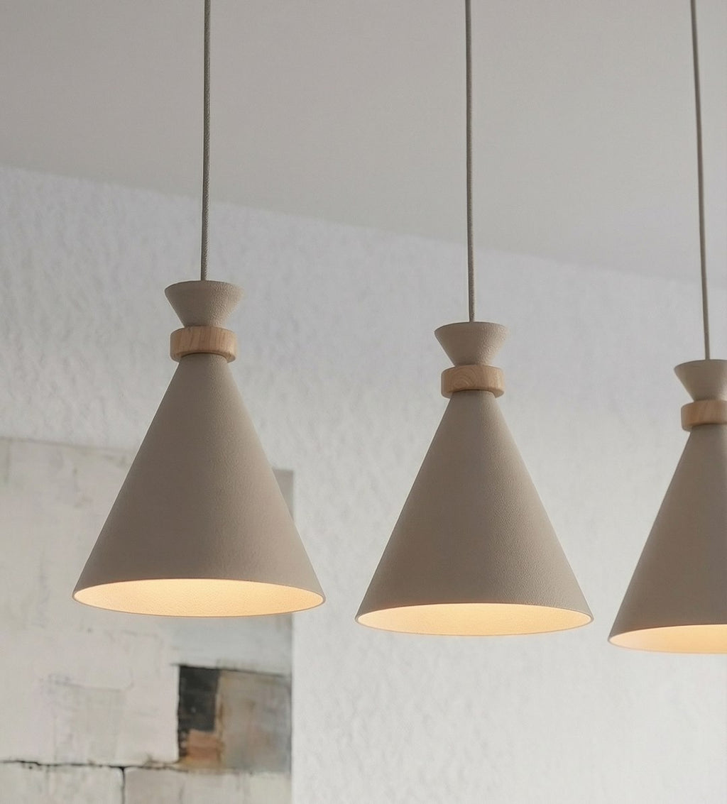 Hanglamp gepoedercoat staal en hout Scandinavisch beige, 3 fittingen E27 – 78 x 23 cm, boven eettafel of kookeiland