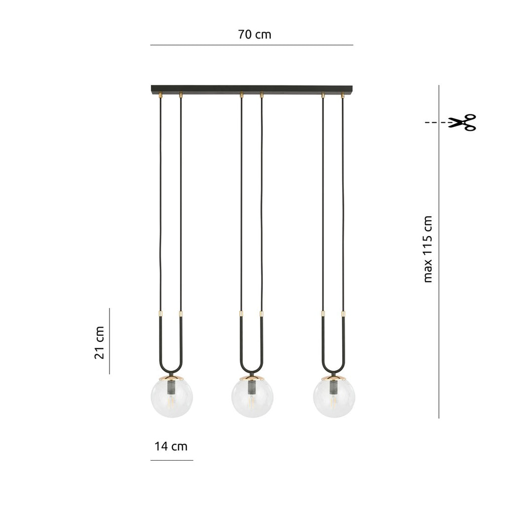 Hanglamp 3-lichts gepoedercoat staal en glas, retro glam, zwart met transparante kappen – 70 x 115 cm