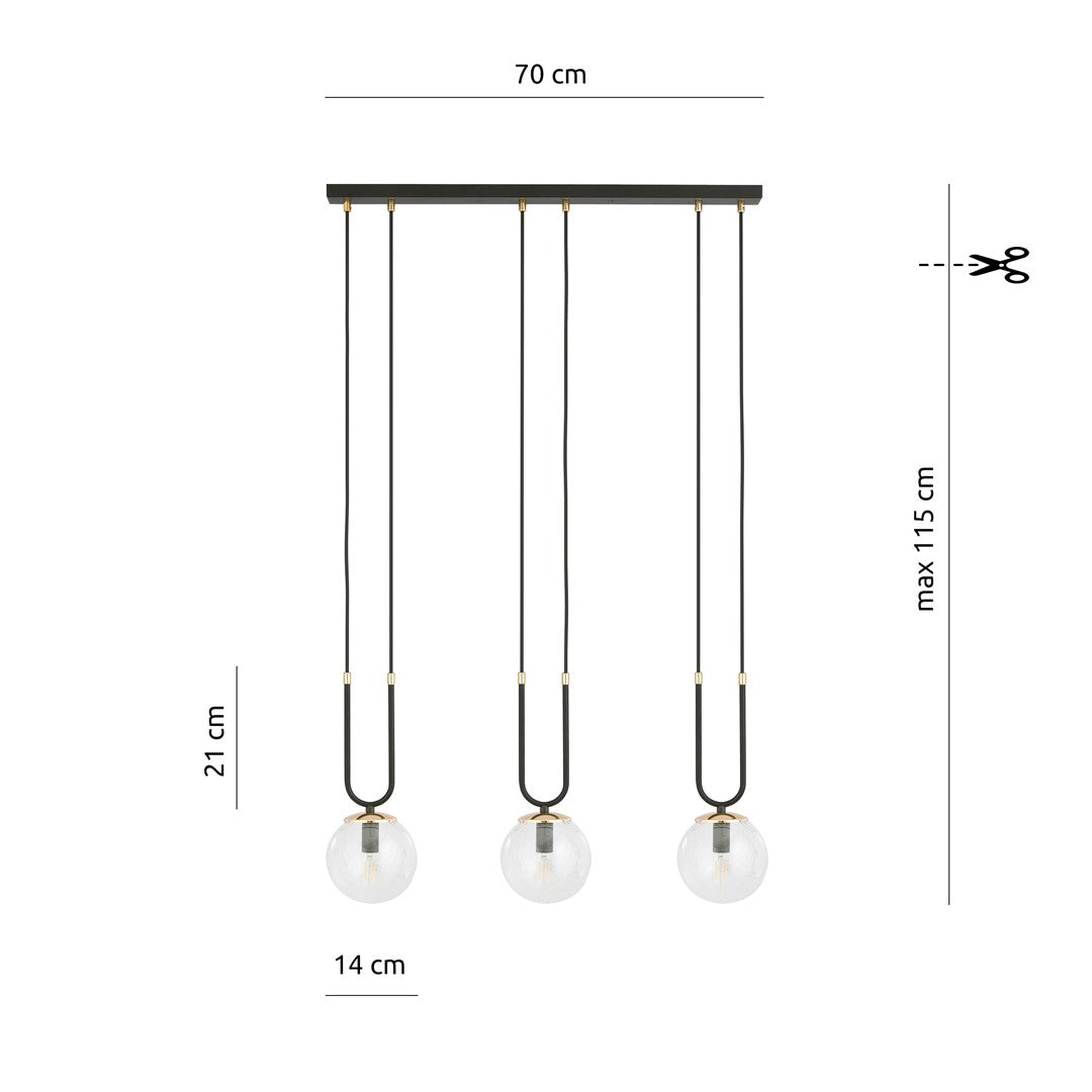 Hanglamp 3-lichts gepoedercoat staal en glas, retro glam, zwart met transparante kappen – 70 x 115 cm