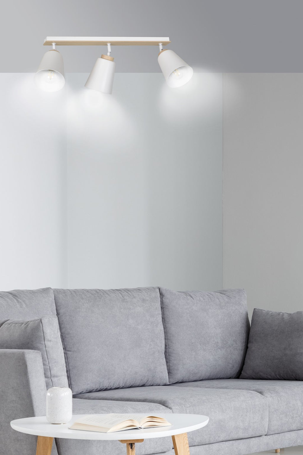 Plafondlamp 3 spots gepoedercoat staal en multiplex, Scandinavisch Atlas, wit met hout, voor lage plafonds