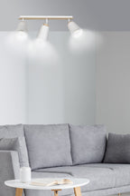 Plafondlamp 3 spots gepoedercoat staal en multiplex, Scandinavisch Atlas, wit met hout, voor lage plafonds