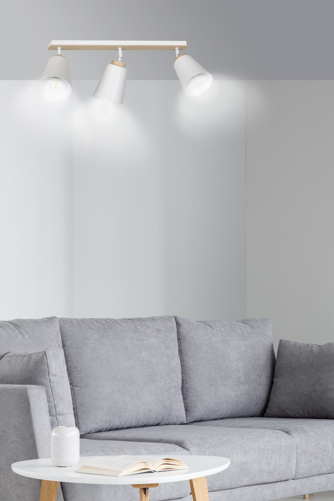 Plafondlamp 3 spots gepoedercoat staal en multiplex, Scandinavisch Atlas, wit met hout, voor lage plafonds