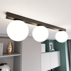 Plafondlamp gepoedercoat staal en glas Fit zwart met witte glazen kappen, 3 lichtpunten E14, 70 cm breed