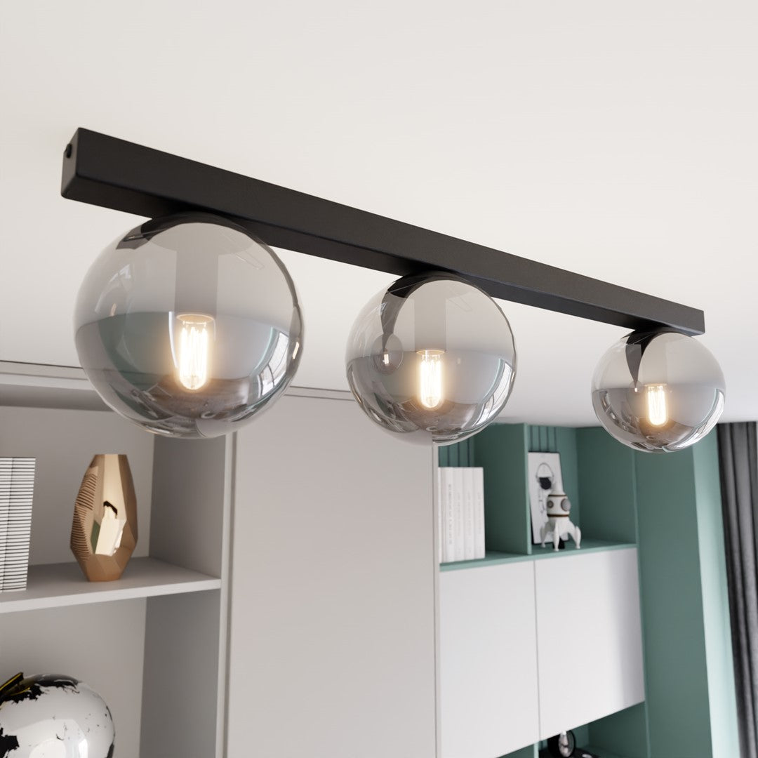 Plafondlamp gepoedercoat staal Fit 3 zwart met grafiet glazen kappen, 70 cm breed, voor woonkamer of keuken