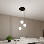 Hanglamp 3 lichts gepoedercoat staal en glas retro zwart met goud, witte glazen kappen Ø 14 cm