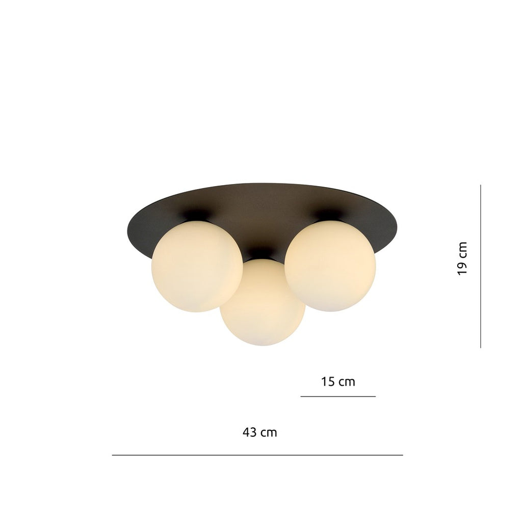Plafondlamp gepoedercoat staal en glas minimalistisch Solar, zwart met witte glazen kappen, 3 fittingen E14, Ø 30 cm