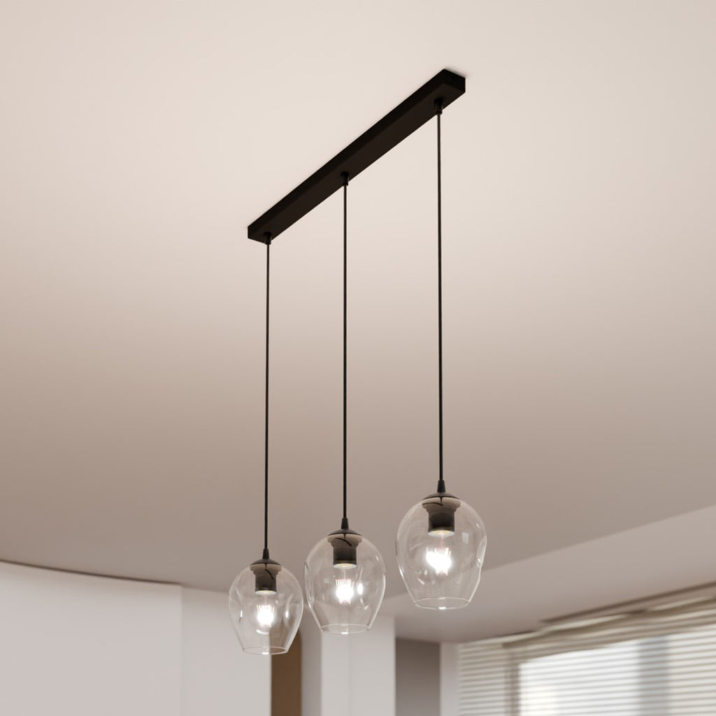 Hanglamp gepoedercoat staal en glas Istar, zwart met transparante kappen, 3 lichts, 70 x 100 cm