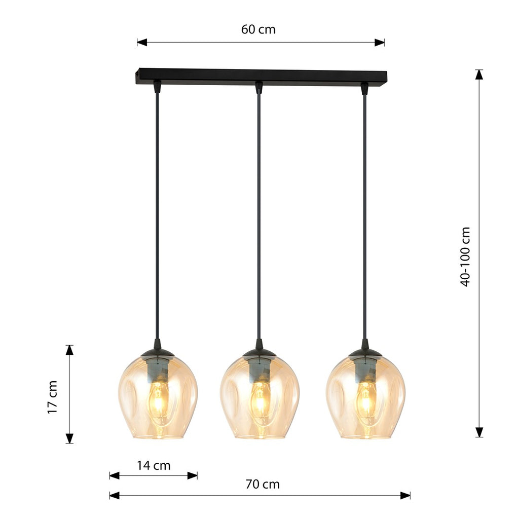 Hanglamp 3 lichts gepoedercoat staal en glas Istar, zwart met amber glazen kappen, verstelbaar, eettafel