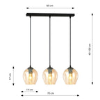 Hanglamp 3 lichts gepoedercoat staal en glas Istar, zwart met amber glazen kappen, verstelbaar, eettafel