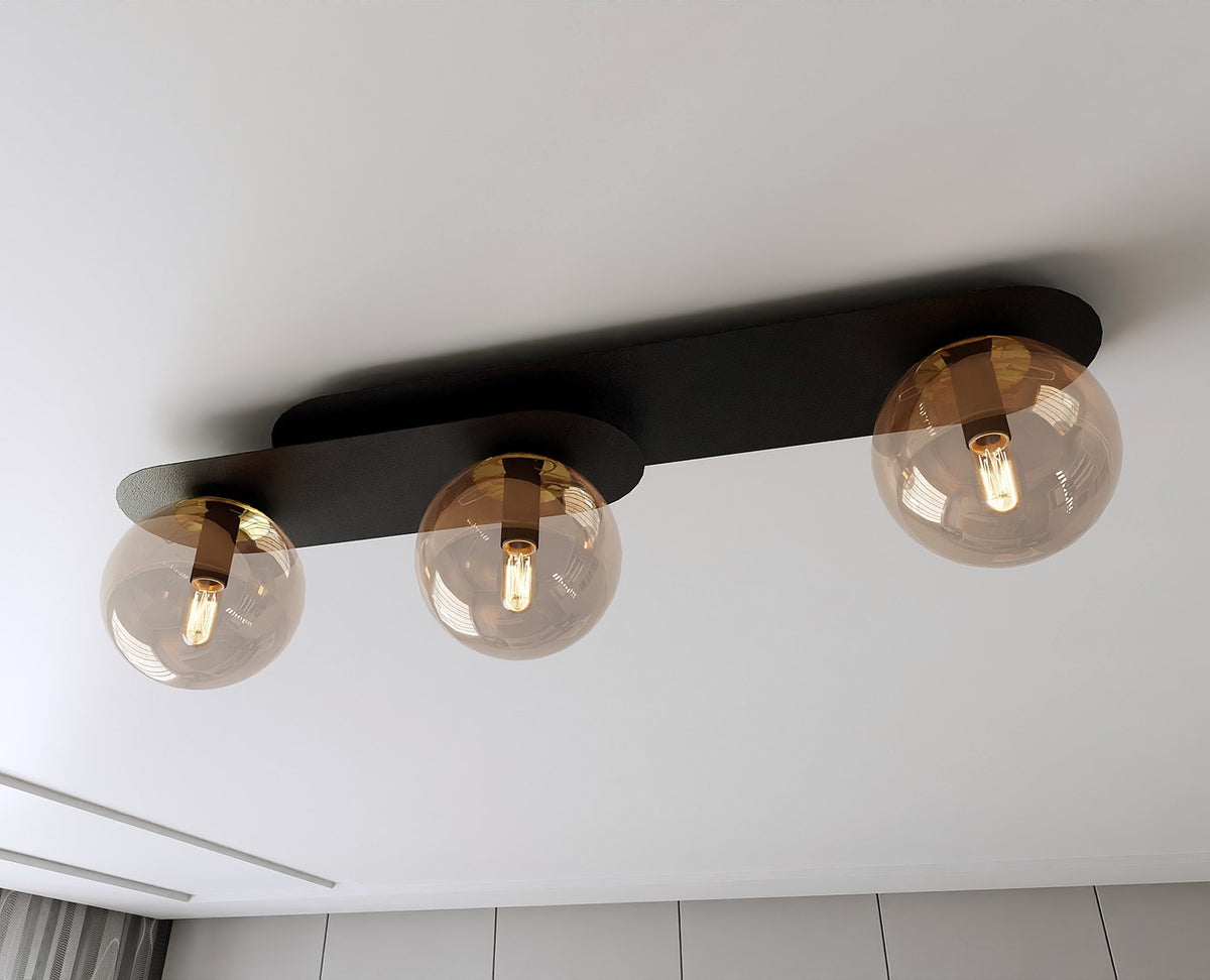 Plafondlamp gepoedercoat staal en glas Plaza, zwart met amberkleurige kappen, 3 lichtpunten, 70 x 18 cm