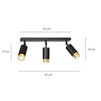 Plafondlamp gepoedercoat staal Hiro modern zwart goud 45 cm breed, 3 richtbare spots voor hal en keuken