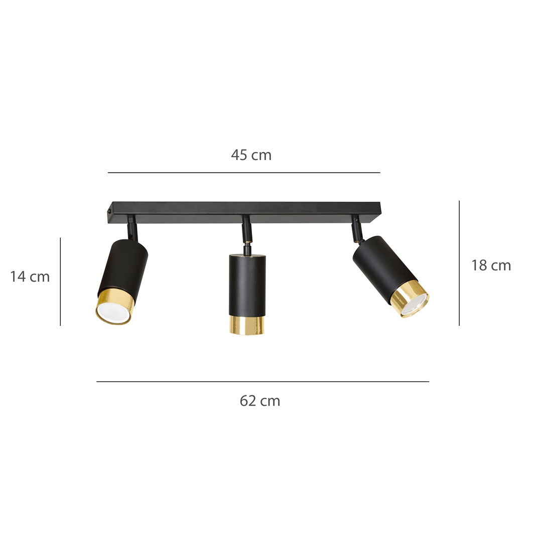 Plafondlamp gepoedercoat staal Hiro modern zwart goud 45 cm breed, 3 richtbare spots voor hal en keuken