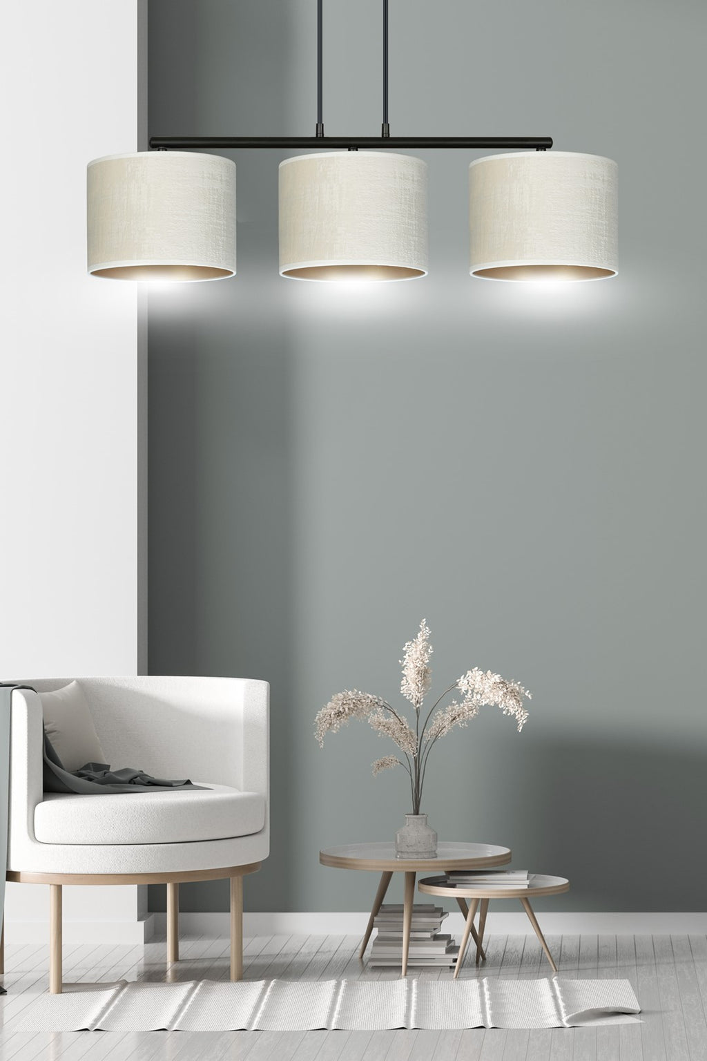 Hanglamp gepoedercoat staal en stof Hilde, zwart met witte kappen, 3 lichts, breedte 72 cm, eetkamer