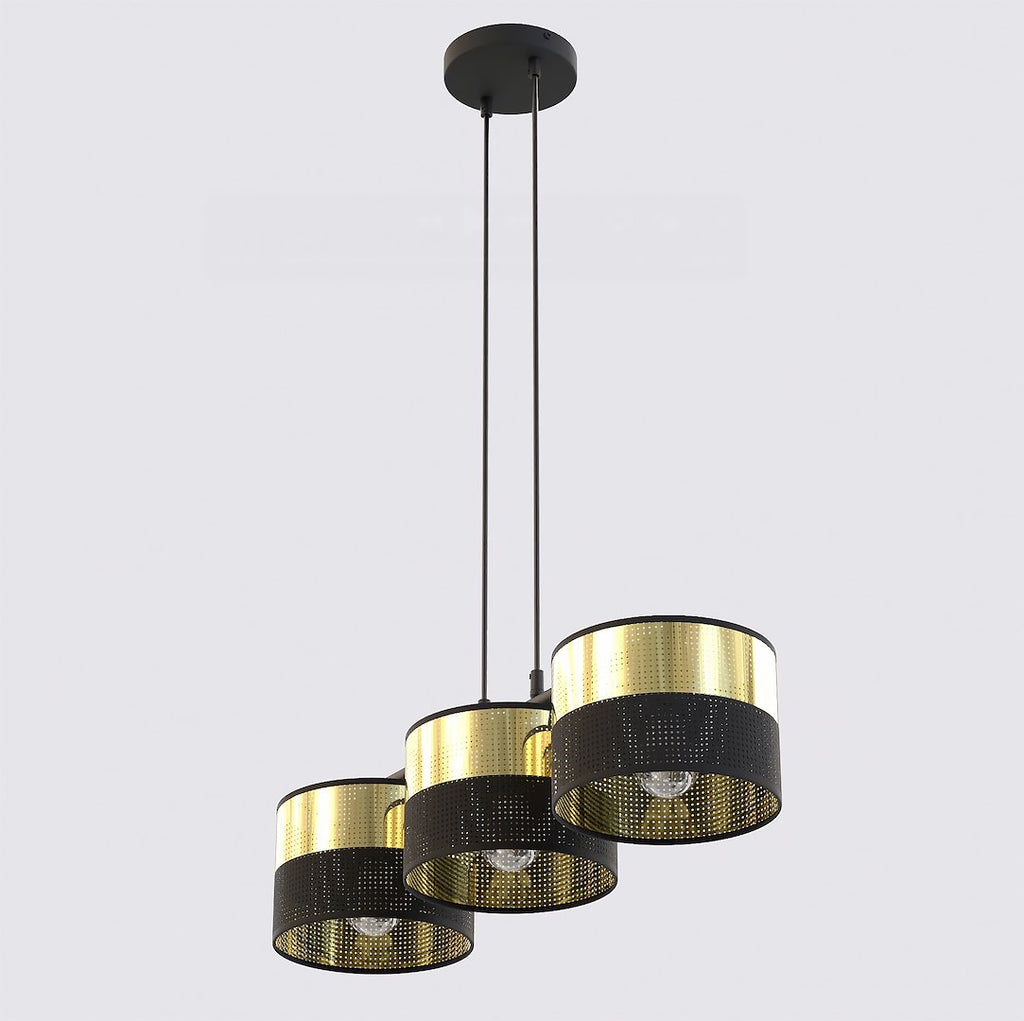 Hanglamp gepoedercoat staal en stof, modern Lux zwart met goud, kap Ø 20 cm, 3 lichts, voor eettafel en keukeneiland