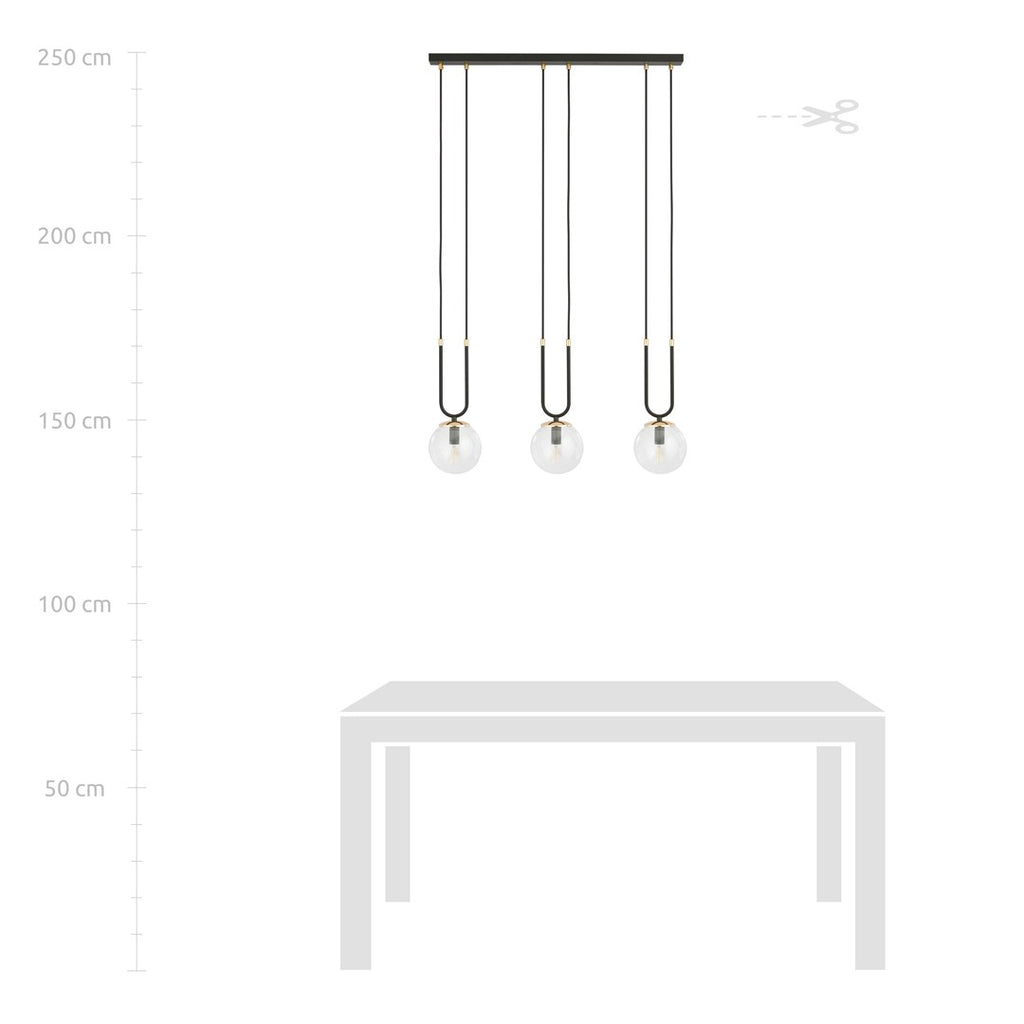 Hanglamp 3-lichts gepoedercoat staal en glas, retro glam, zwart met transparante kappen – 70 x 115 cm
