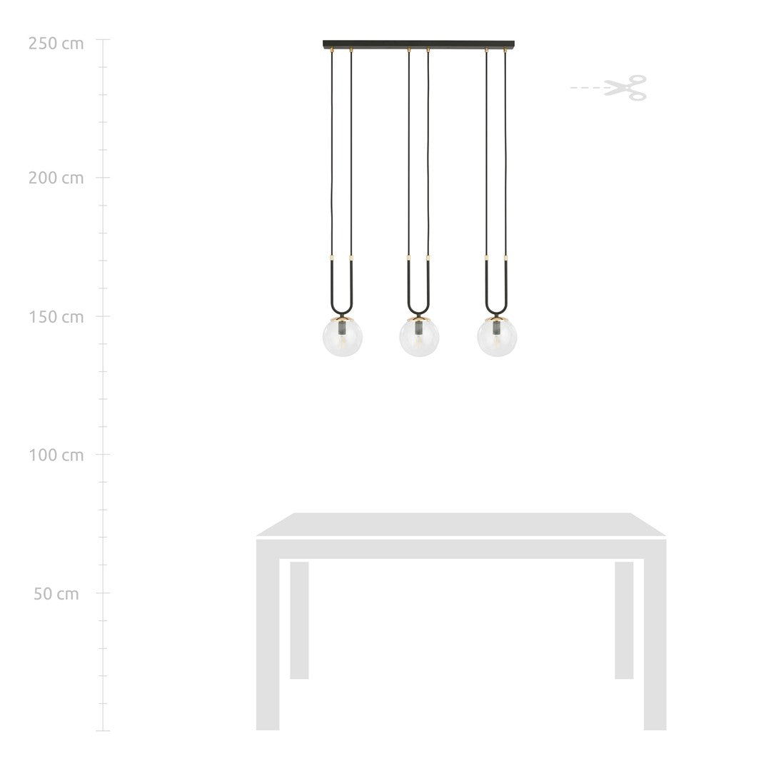 Hanglamp 3-lichts gepoedercoat staal en glas, retro glam, zwart met transparante kappen – 70 x 115 cm
