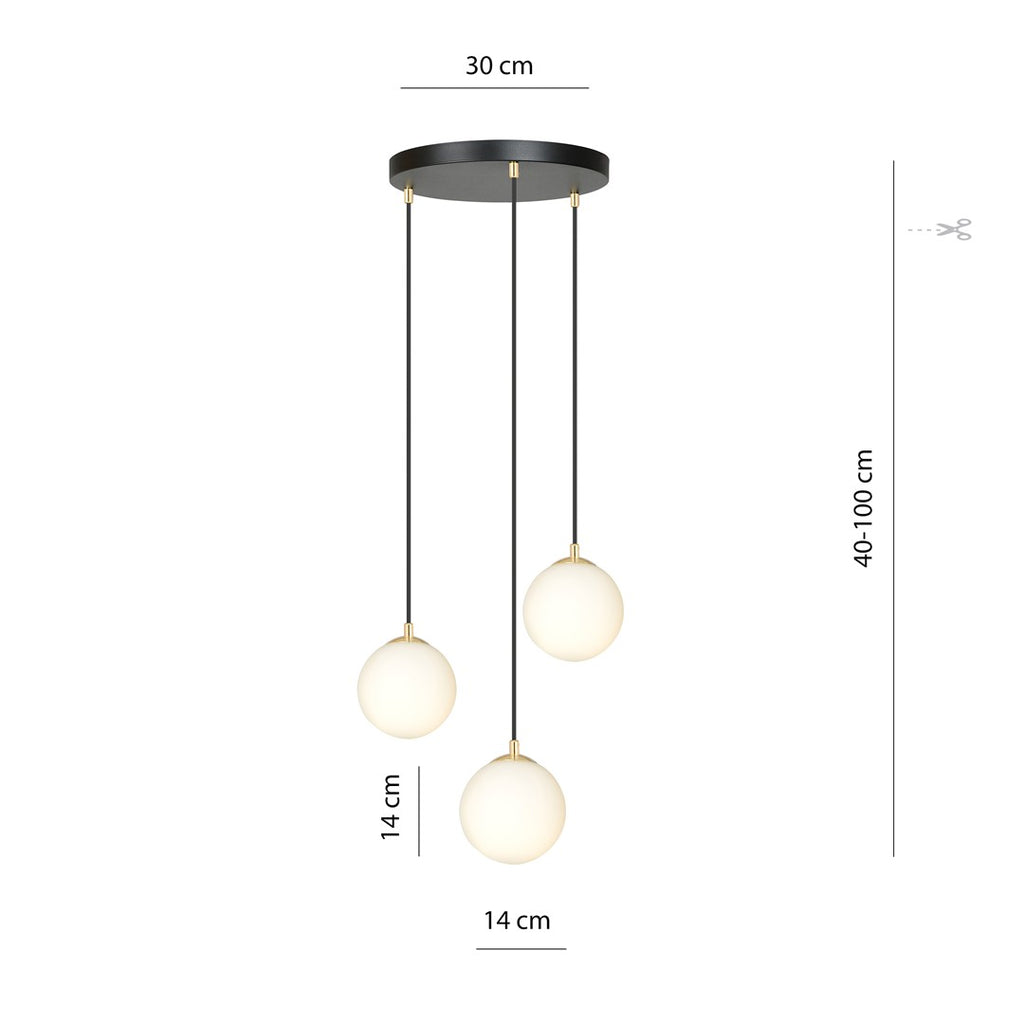 Hanglamp 3 lichts gepoedercoat staal en glas retro zwart met goud, witte glazen kappen Ø 14 cm