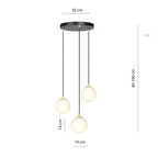 Hanglamp 3 lichts gepoedercoat staal en glas retro zwart met goud, witte glazen kappen Ø 14 cm