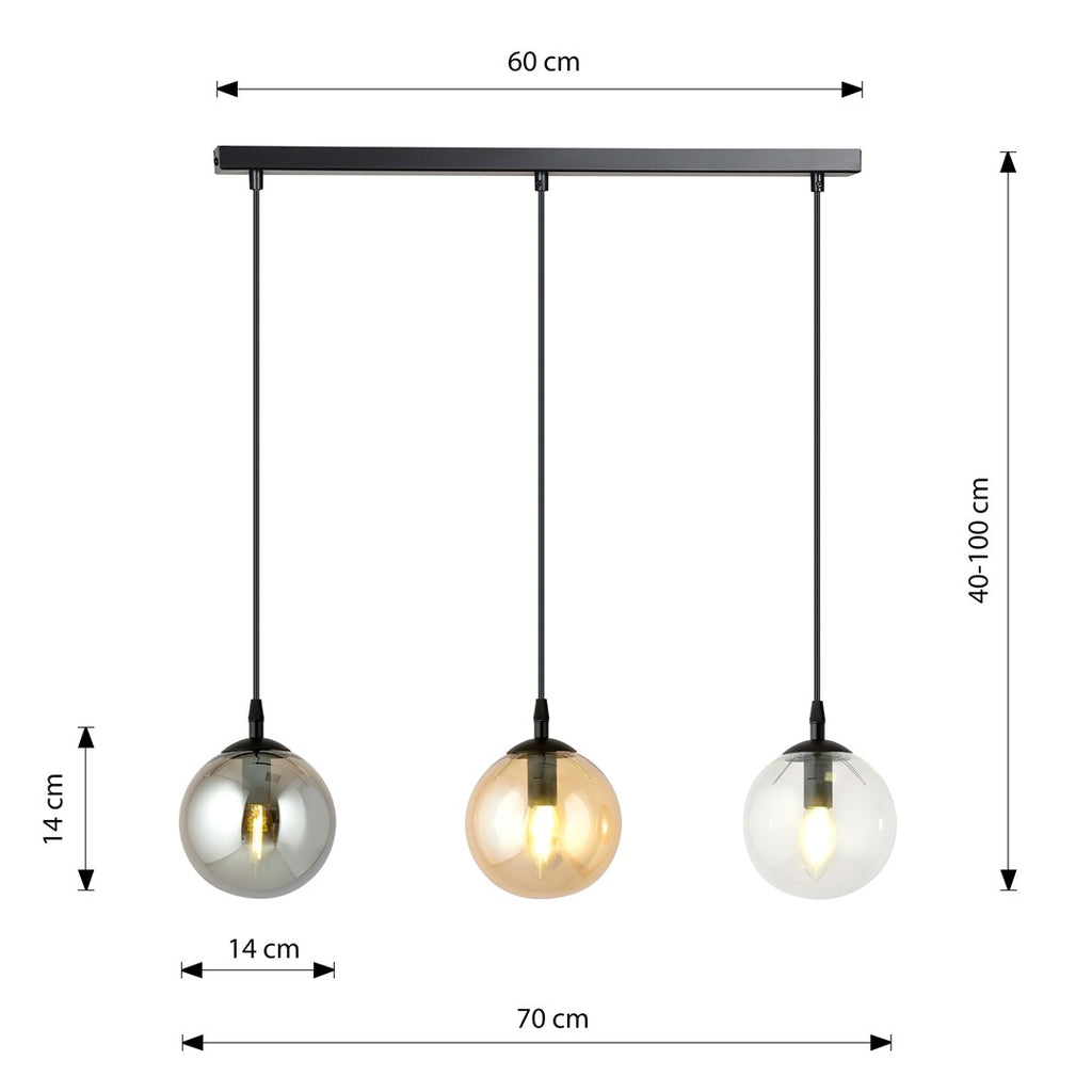 Hanglamp 3-lichts gepoedercoat staal en glas Cosmo, zwart met transparante, grafiet en amber kappen, 70 cm