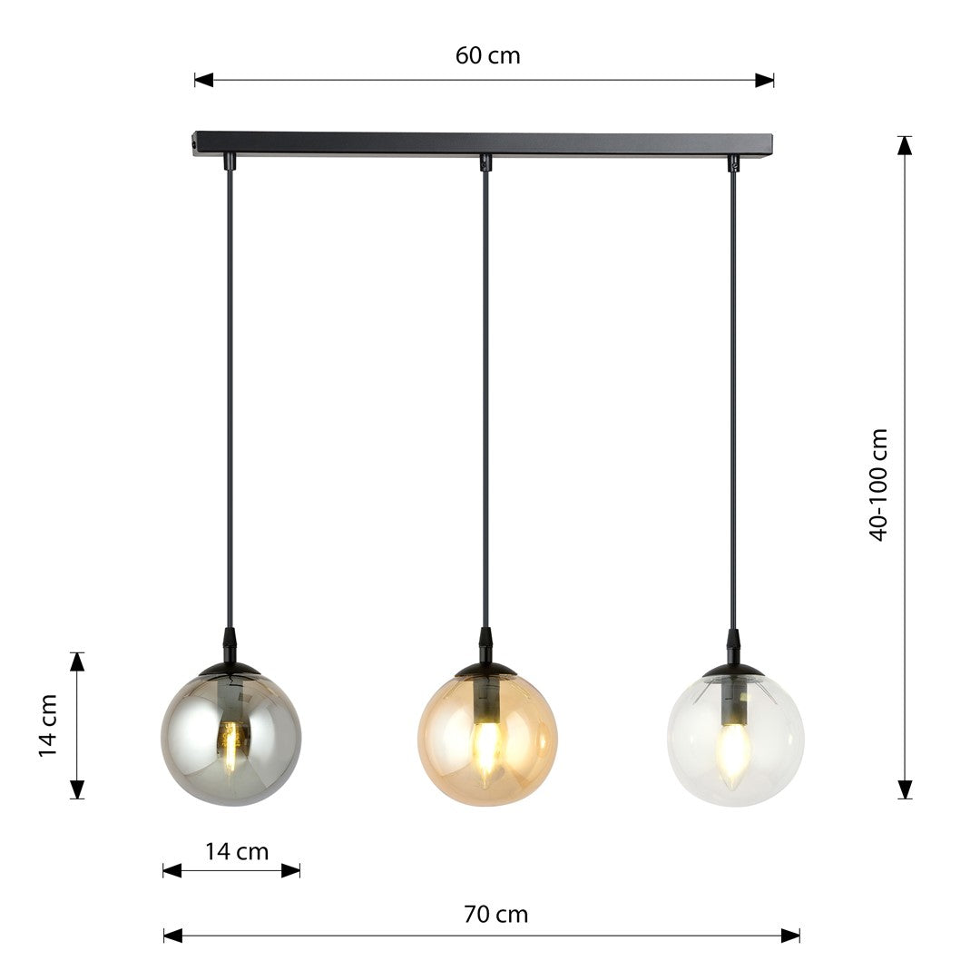 Hanglamp 3-lichts gepoedercoat staal en glas Cosmo, zwart met transparante, grafiet en amber kappen, 70 cm