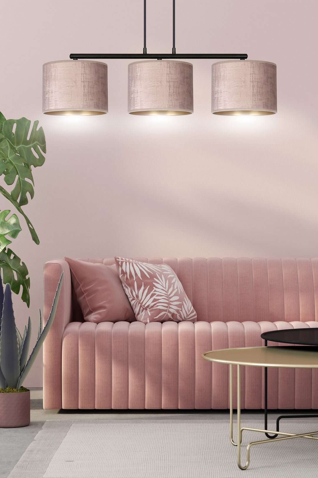Hanglamp Hilde 3-lichts gepoedercoat staal met stoffen kappen, roze en zwart – 72 x 100 cm, eettafel