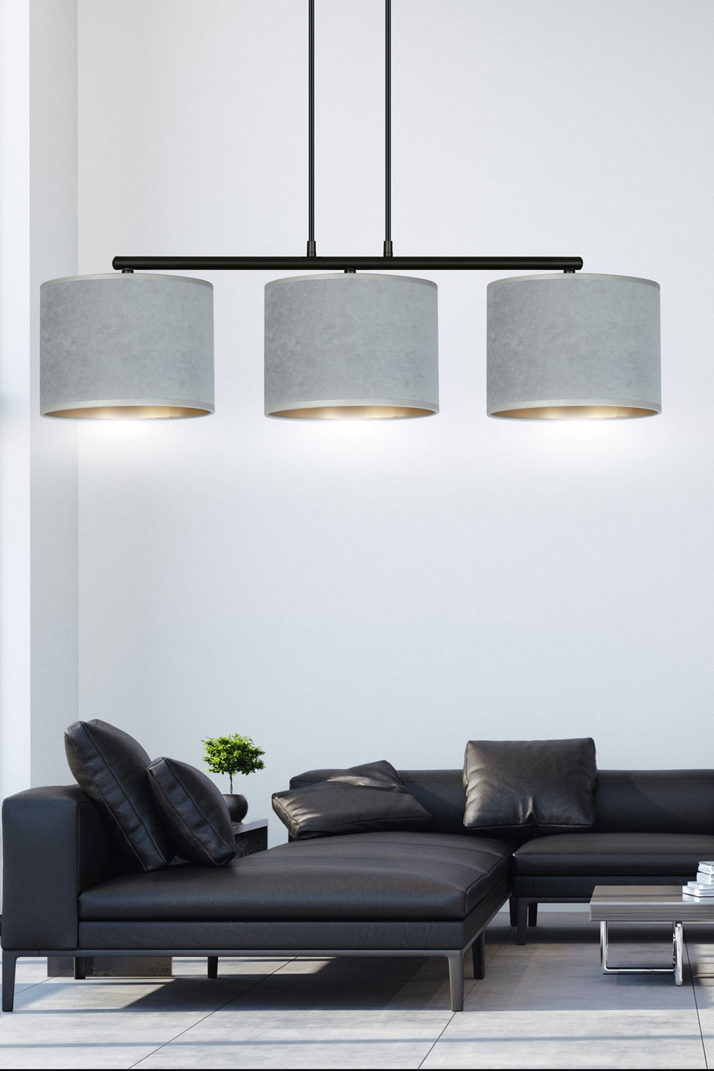Hanglamp gepoedercoat staal en stof Hilde, minimalistisch, zwart met grijze kappen, 72 x 100 cm, 3 lichtpunten