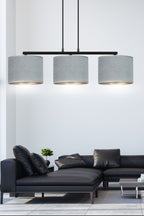 Hanglamp gepoedercoat staal en stof Hilde, minimalistisch, zwart met grijze kappen, 72 x 100 cm, 3 lichtpunten
