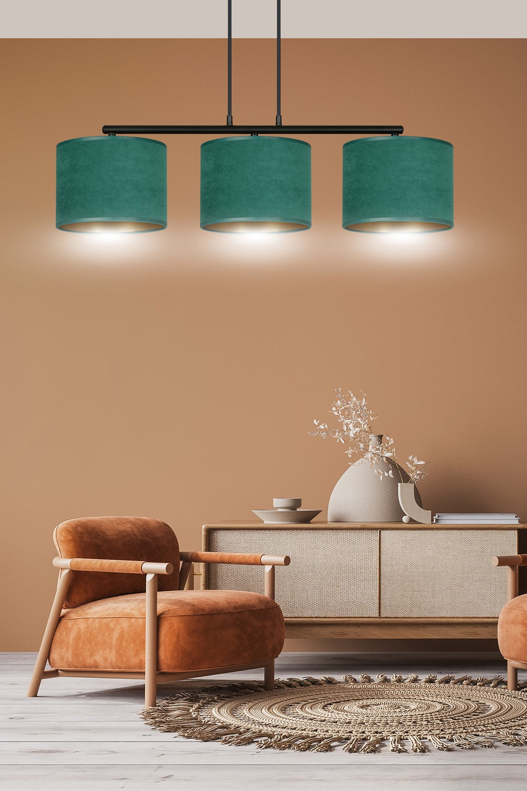 Hanglamp gepoedercoat staal en stof Hilde minimalistisch groen met 3 kappen, 72 x 100 cm, eettafel keuken hal