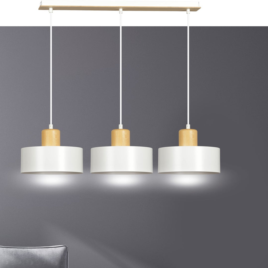 Hanglamp 3-lichts gepoedercoat staal en hout, Scandinavisch Torin, wit – 80 x 100 cm, voor woonkamer en eetkamer