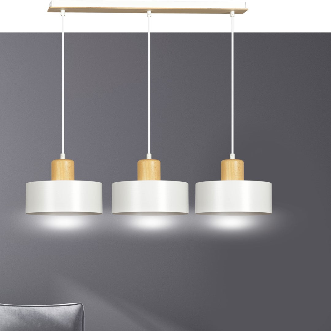 Hanglamp 3-lichts gepoedercoat staal en hout, Scandinavisch Torin, wit – 80 x 100 cm, voor woonkamer en eetkamer