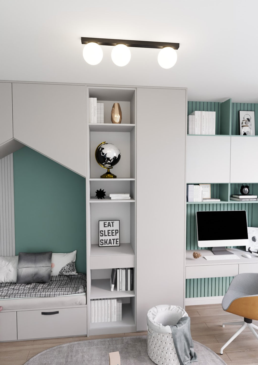 Plafondlamp gepoedercoat staal en glas Fit zwart met witte glazen kappen, 3 lichtpunten E14, 70 cm breed