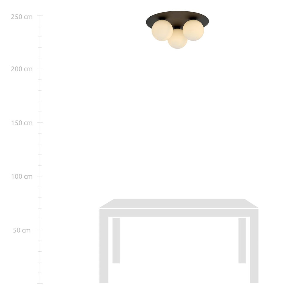 Plafondlamp gepoedercoat staal en glas minimalistisch Solar, zwart met witte glazen kappen, 3 fittingen E14, Ø 30 cm