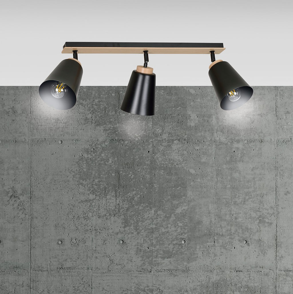 Plafondlamp 3 spots gepoedercoat staal en multiplex, Atlas Scandinavisch zwart, 3 x E27, woonkamer