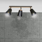 Plafondlamp 3 spots gepoedercoat staal en multiplex, Atlas Scandinavisch zwart, 3 x E27, woonkamer