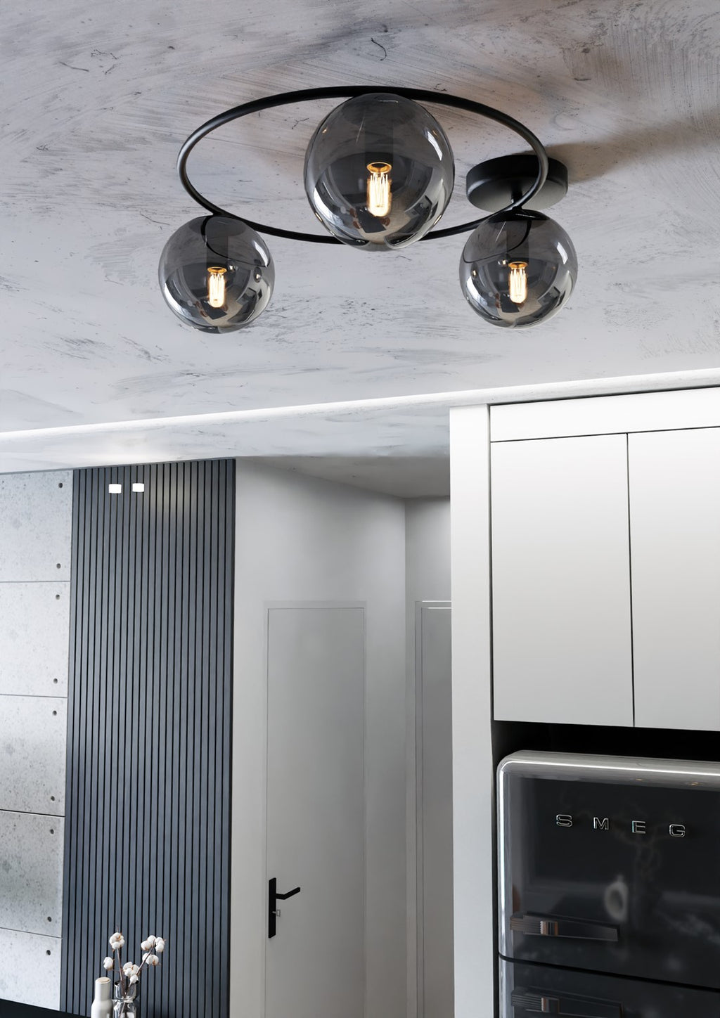Plafondlamp Sopra gepoedercoat staal en glas, minimalistisch, zwart met grafiet glazen kappen, 3 lichtpunten, E14