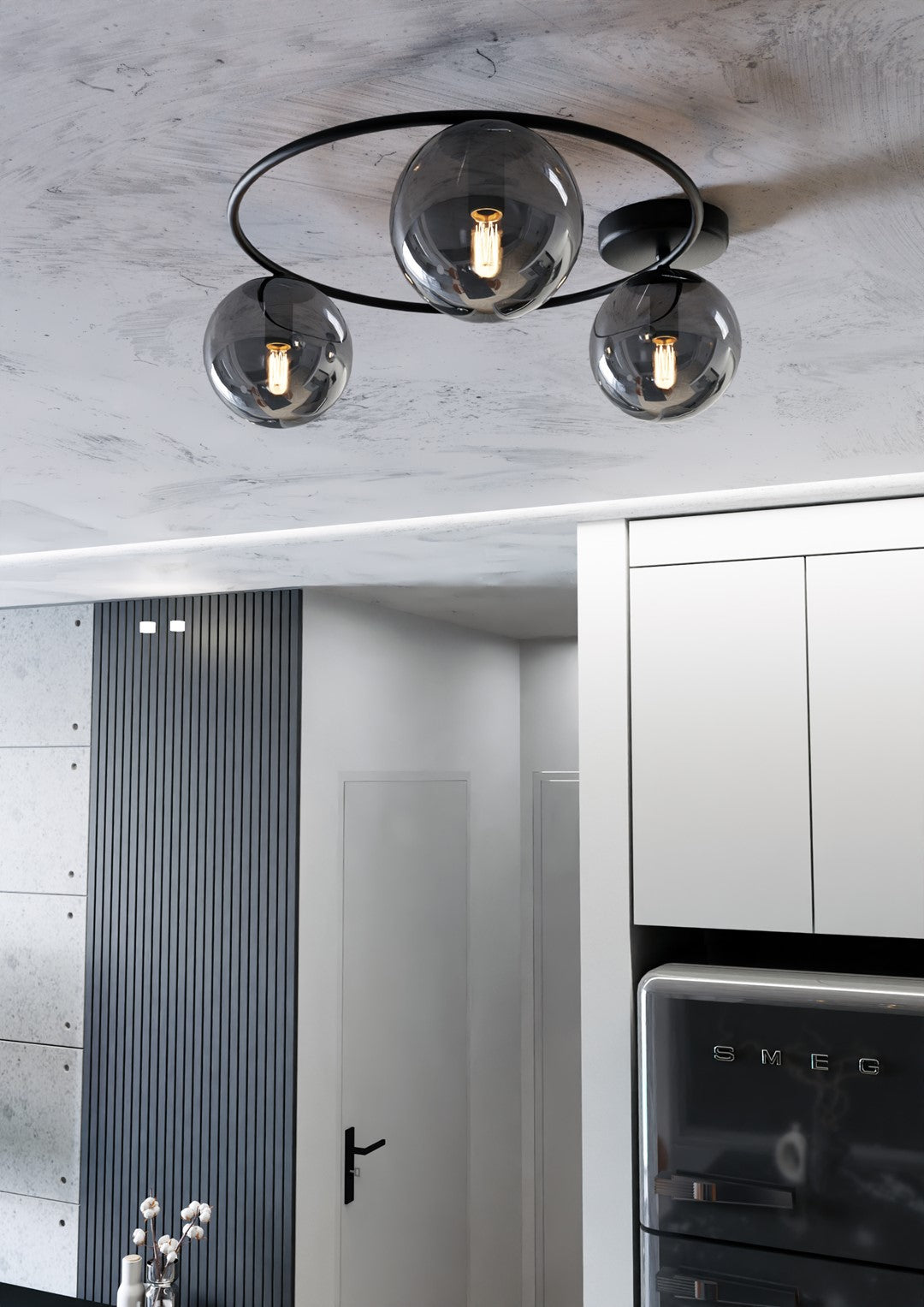 Plafondlamp Sopra gepoedercoat staal en glas, minimalistisch, zwart met grafiet glazen kappen, 3 lichtpunten, E14