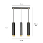 Hanglamp 3-lichts gepoedercoat staal modern zwart met gouden accenten, balk 45 cm, voor woonkamer en eethoek