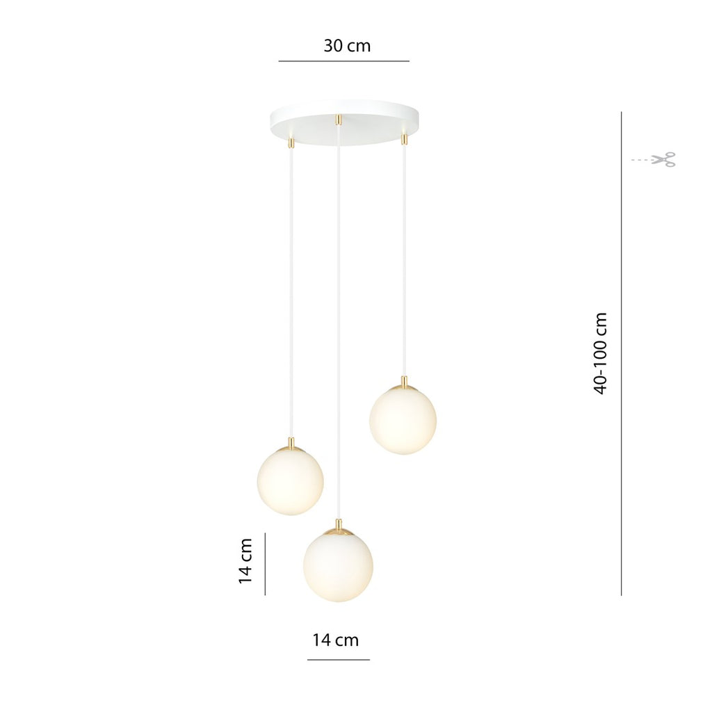 Hanglamp staal en glas Royal retro wit met goud, 3 lampen, kap Ø 14 cm, voor eettafel, keuken of woonkamer