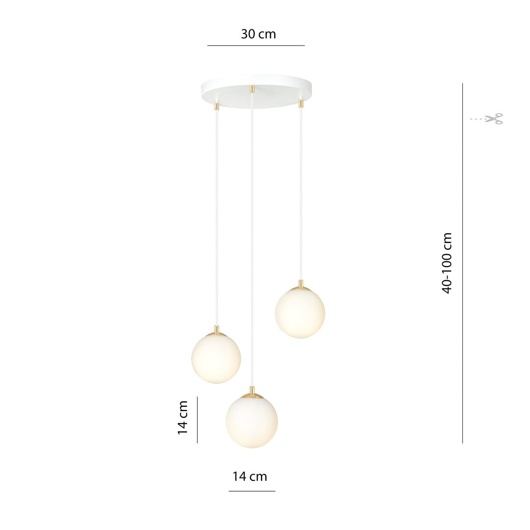 Hanglamp staal en glas Royal retro wit met goud, 3 lampen, kap Ø 14 cm, voor eettafel, keuken of woonkamer