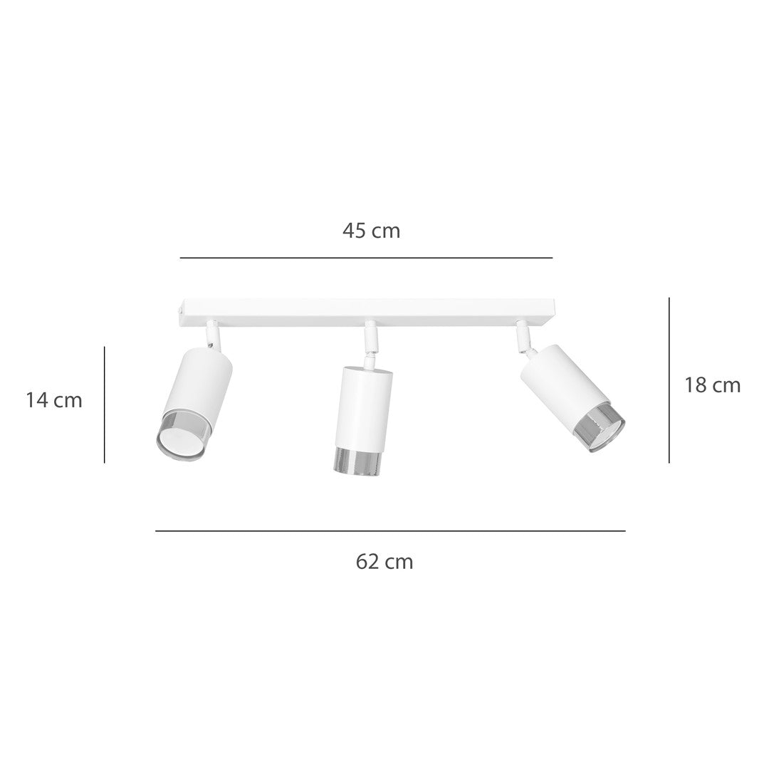 Plafondlamp 3 spots gepoedercoat staal, modern, Hiro wit met zilverkleurige accenten, 45 cm breed