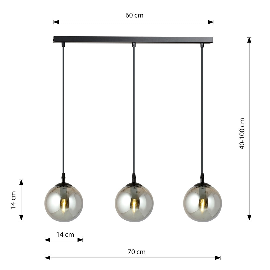Hanglamp 3-lichts gepoedercoat staal en glas, Cosmo, zwart met grafiet glas, 70 x 100 cm, eettafel en woonkamer