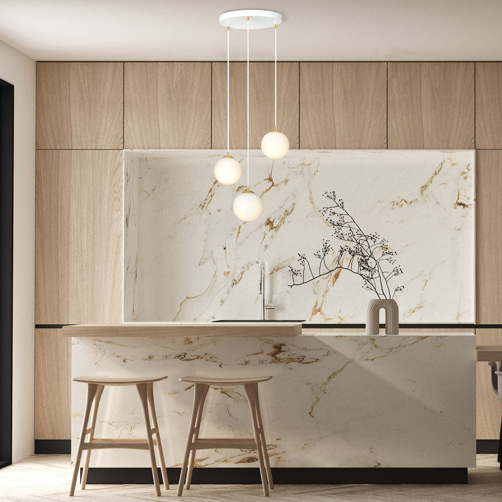 Hanglamp staal en glas Royal retro wit met goud, 3 lampen, kap Ø 14 cm, voor eettafel, keuken of woonkamer