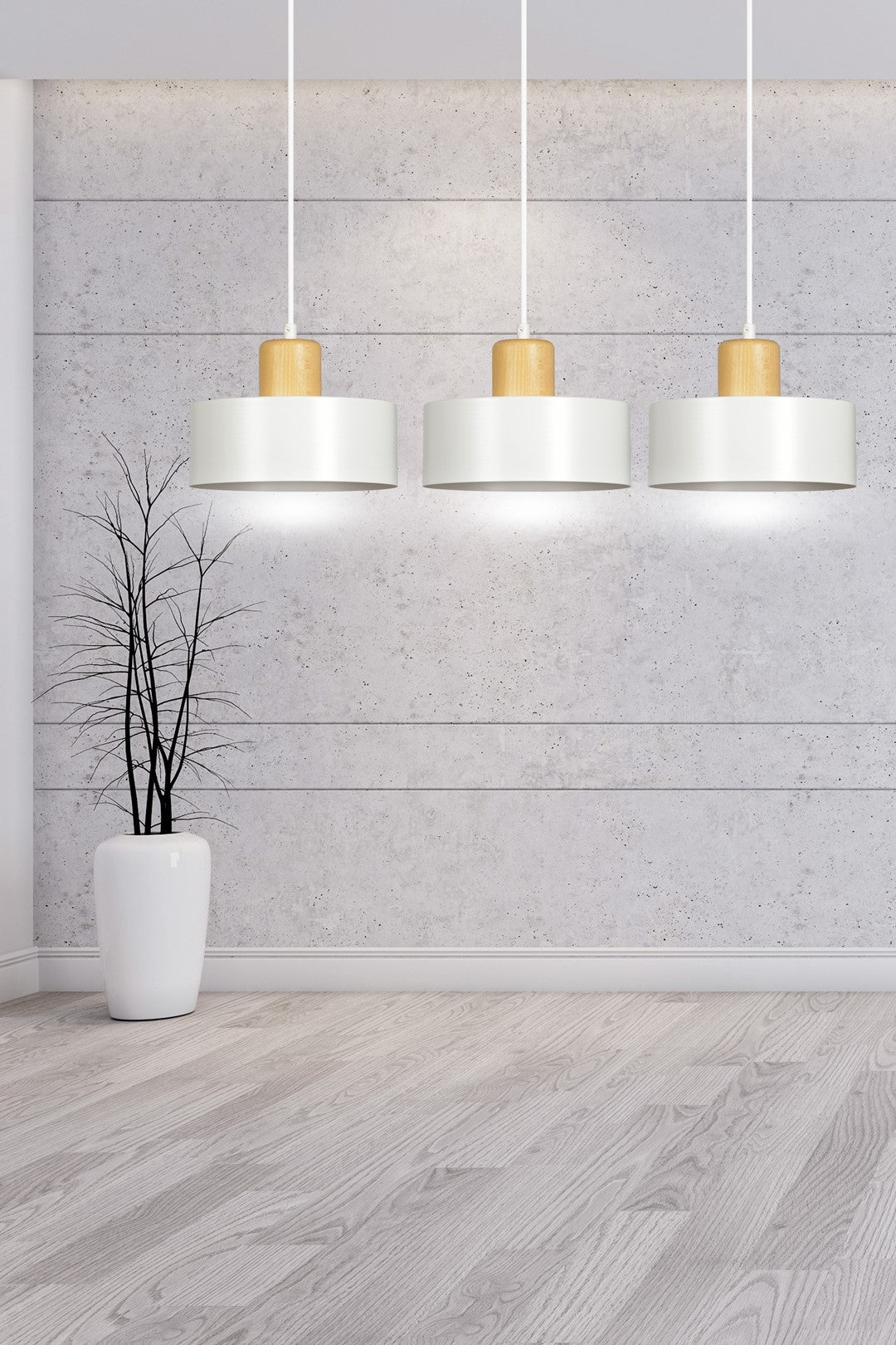 Hanglamp 3-lichts gepoedercoat staal en hout, Scandinavisch Torin, wit – 80 x 100 cm, voor woonkamer en eetkamer