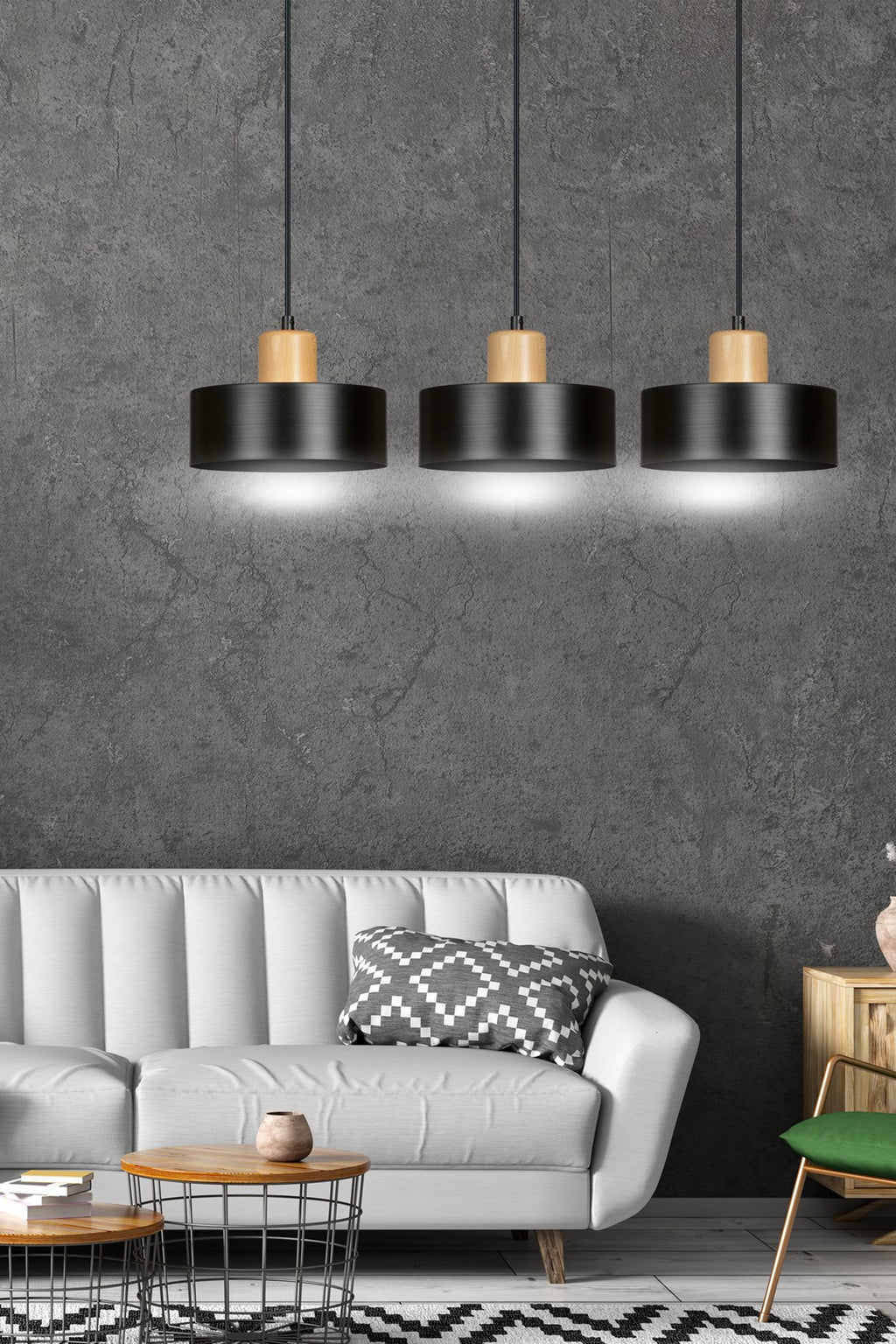 Hanglamp gepoedercoat staal en hout Torin, zwart, 3 lichts, 80 x 100 cm, verstelbare hoogte, woonkamer en eetkamer