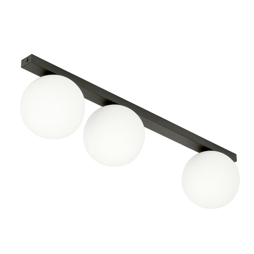 Plafondlamp gepoedercoat staal en glas Fit zwart met witte glazen kappen, 3 lichtpunten E14, 70 cm breed