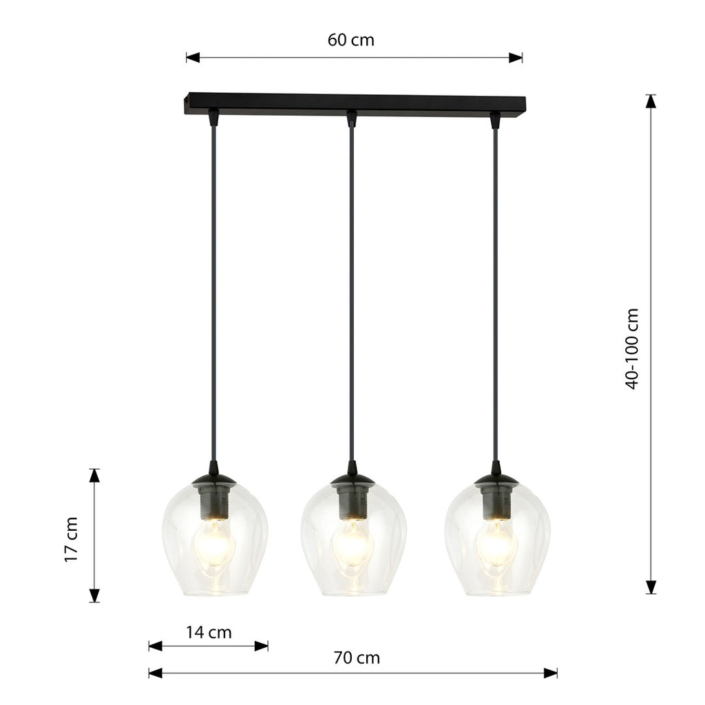 Hanglamp gepoedercoat staal en glas Istar, zwart met transparante kappen, 3 lichts, 70 x 100 cm