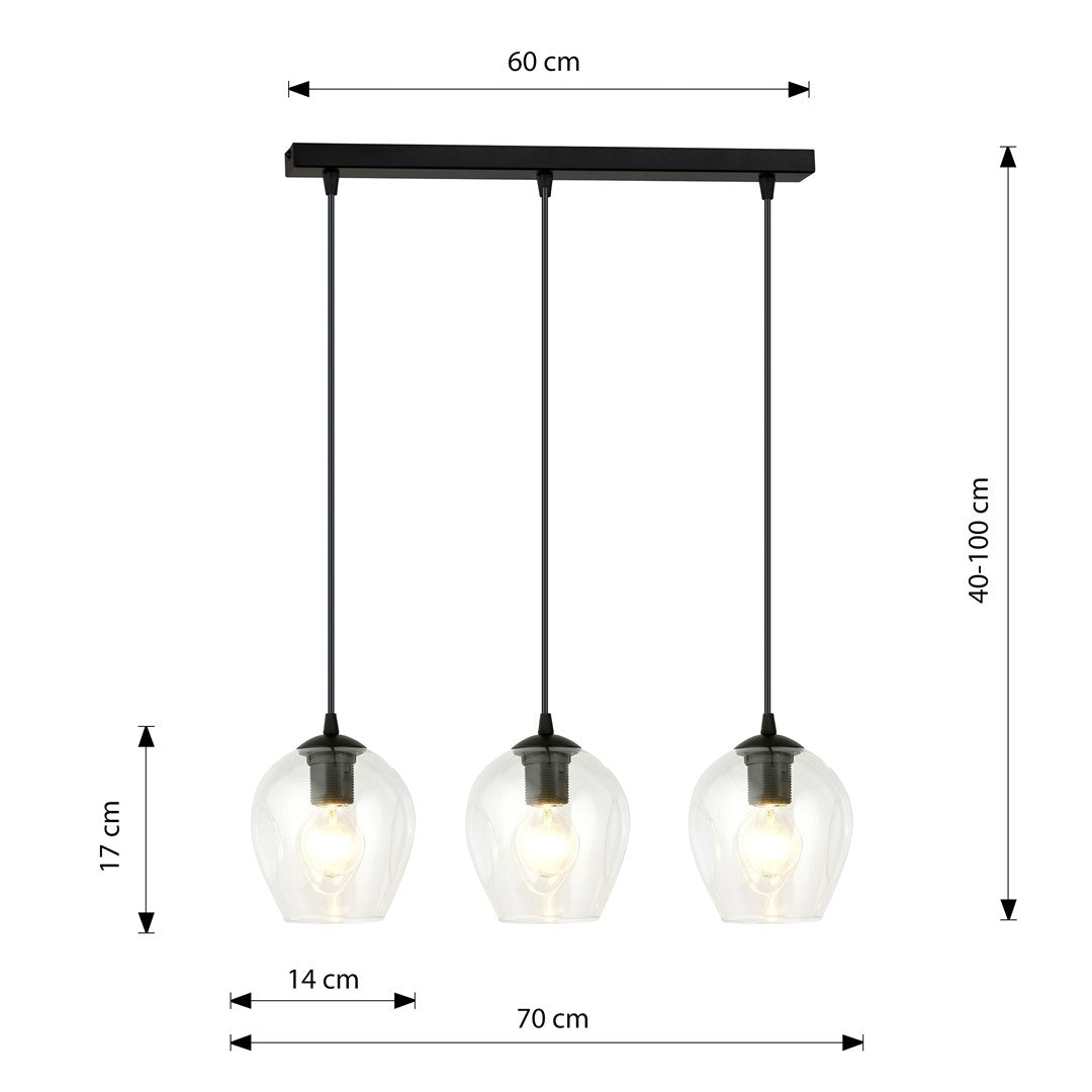 Hanglamp gepoedercoat staal en glas Istar, zwart met transparante kappen, 3 lichts, 70 x 100 cm