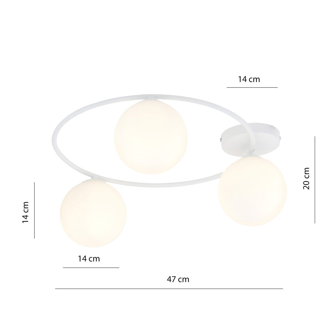 Plafondlamp gepoedercoat staal en glas, minimalistisch wit, 3 lichts, 47 x 20 cm, opbouw