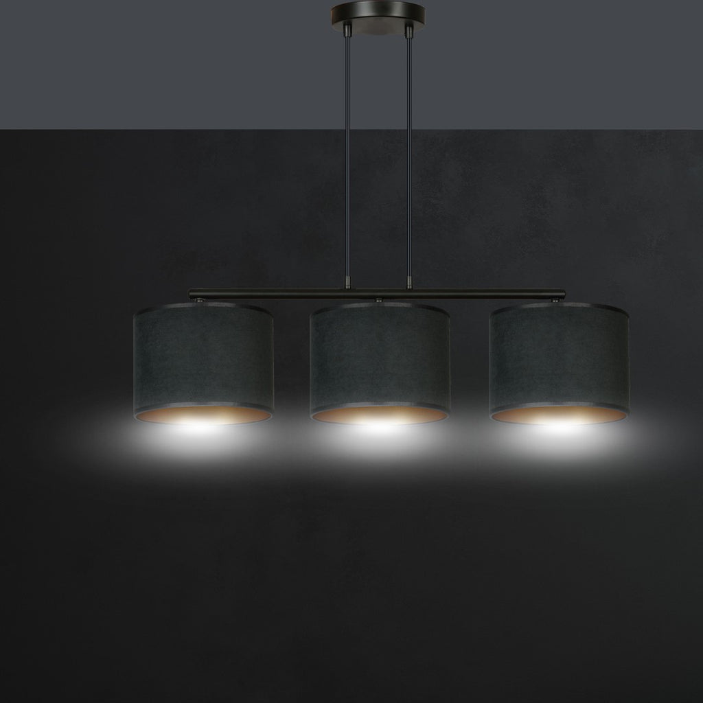 Hanglamp gepoedercoat staal en stof Hilde, zwart met gouden binnenkant, 3 kappen Ø 20 cm, minimalistisch, eetkamer