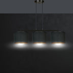 Hanglamp gepoedercoat staal en stof Hilde, zwart met gouden binnenkant, 3 kappen Ø 20 cm, minimalistisch, eetkamer